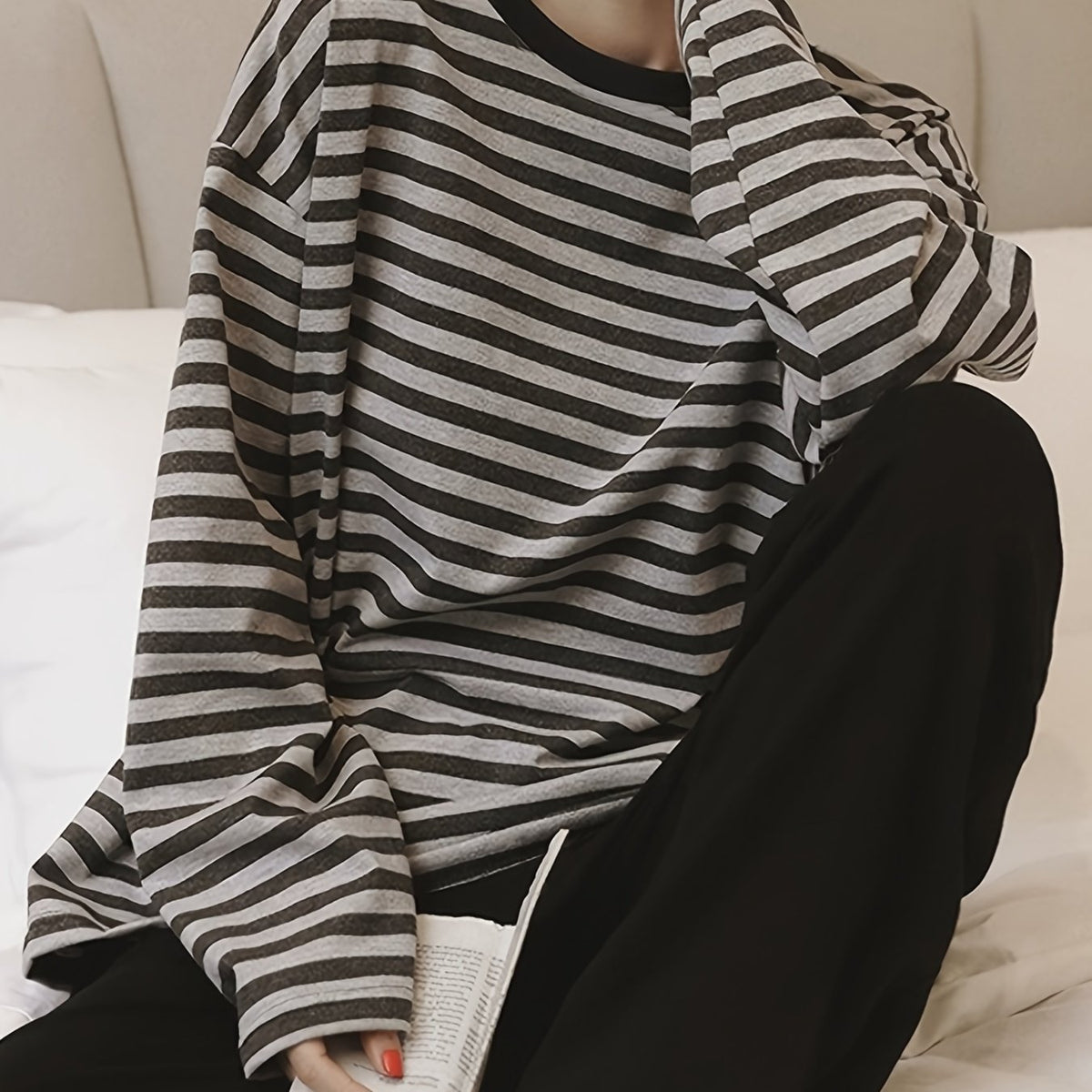 Striped Print Pajama Set Long Sleeve Top & Pants