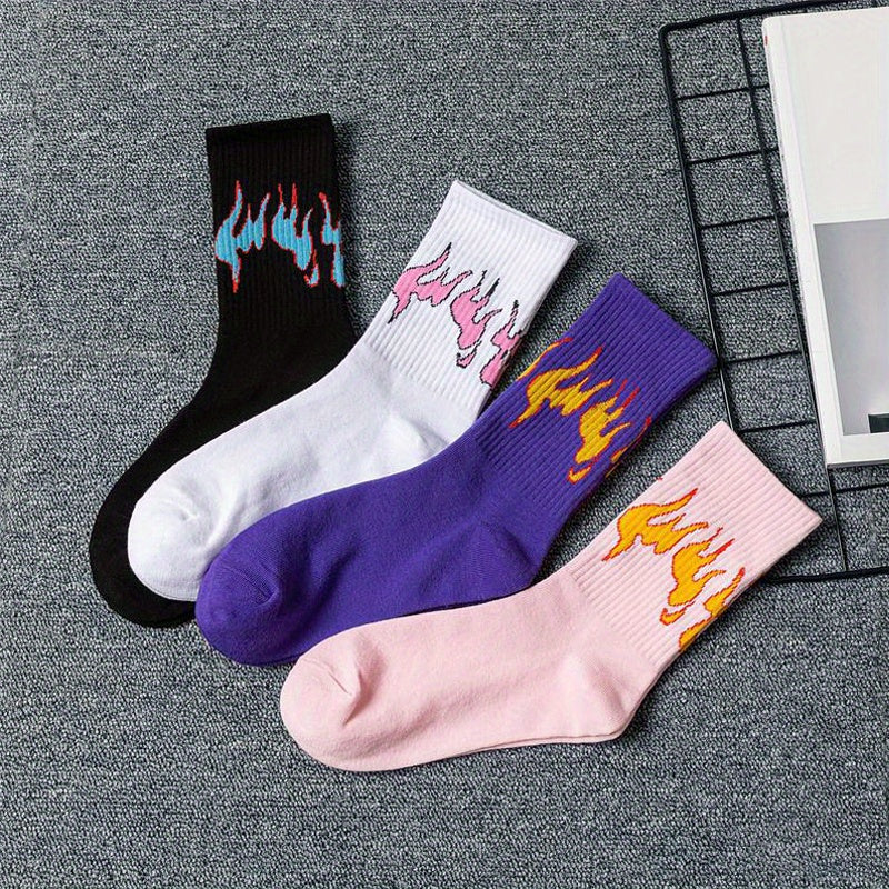 4 Pairs Flame Print Socks Women's Stockings