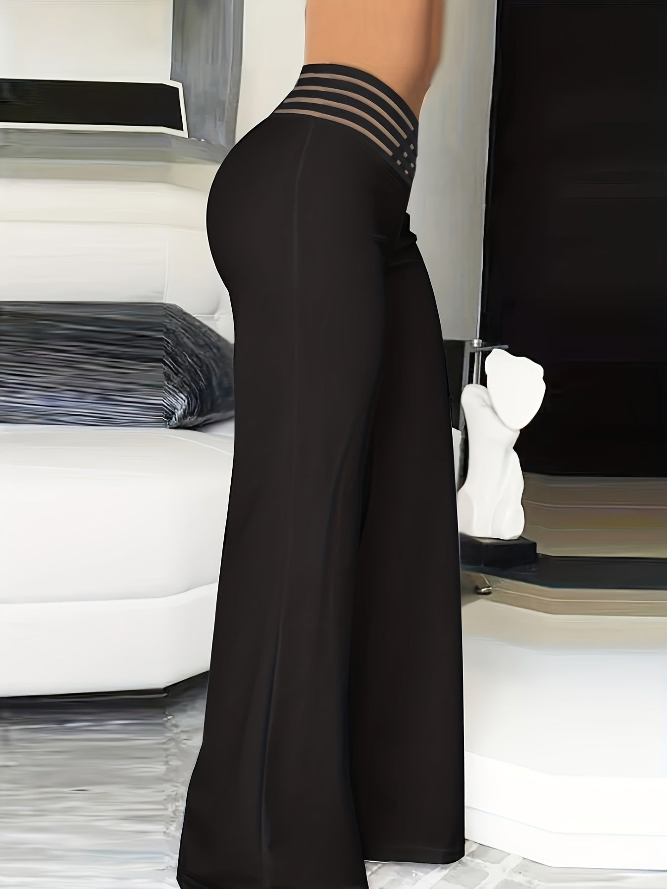  Women's Mesh Criss Cross High Rise Flared Leg Trousers