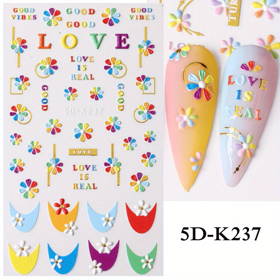 5D Embossed Flower Nail Art Stickers Self Adhesive Sunflower Dasiy Nail Art