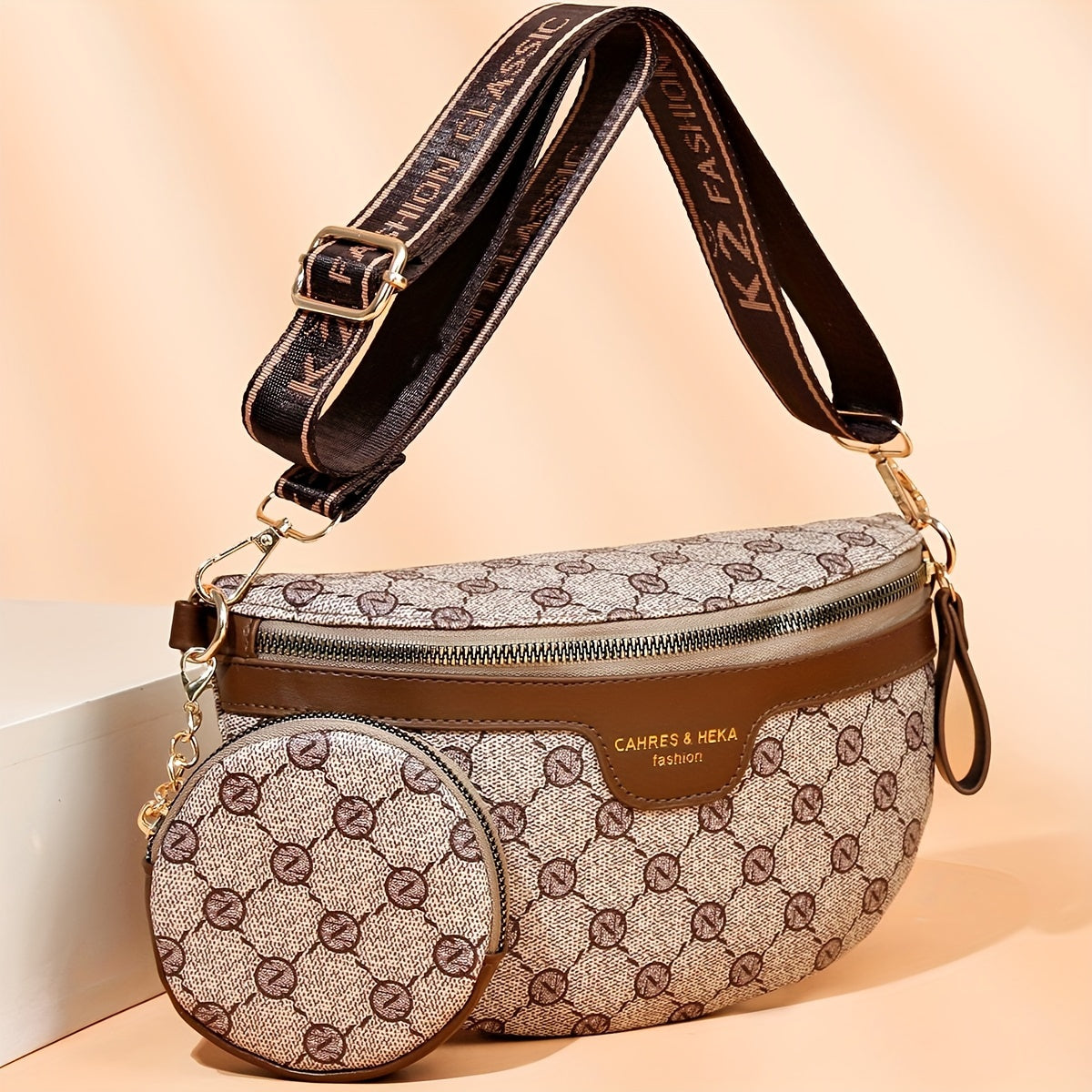 Classic Retro Pattern Crescent Shoulder Bag With Mini Round Purse