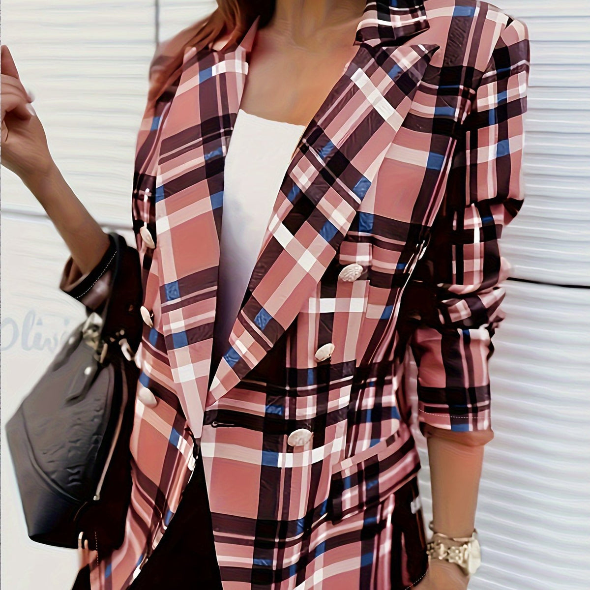  Plaid Print Long Sleeve Lapel Double Button Blazer
