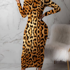  Leopard Print Long Sleeve Maxi Dress