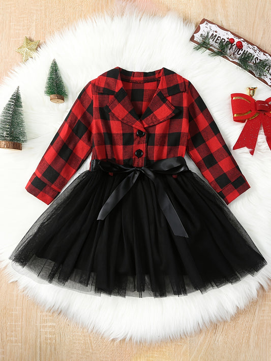 Christmas Plaid Long Sleeve Tutu Dress For Girls