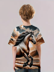 Running Horse 3D Print Boy's Casual Tees Short Sleeve Crew Neck