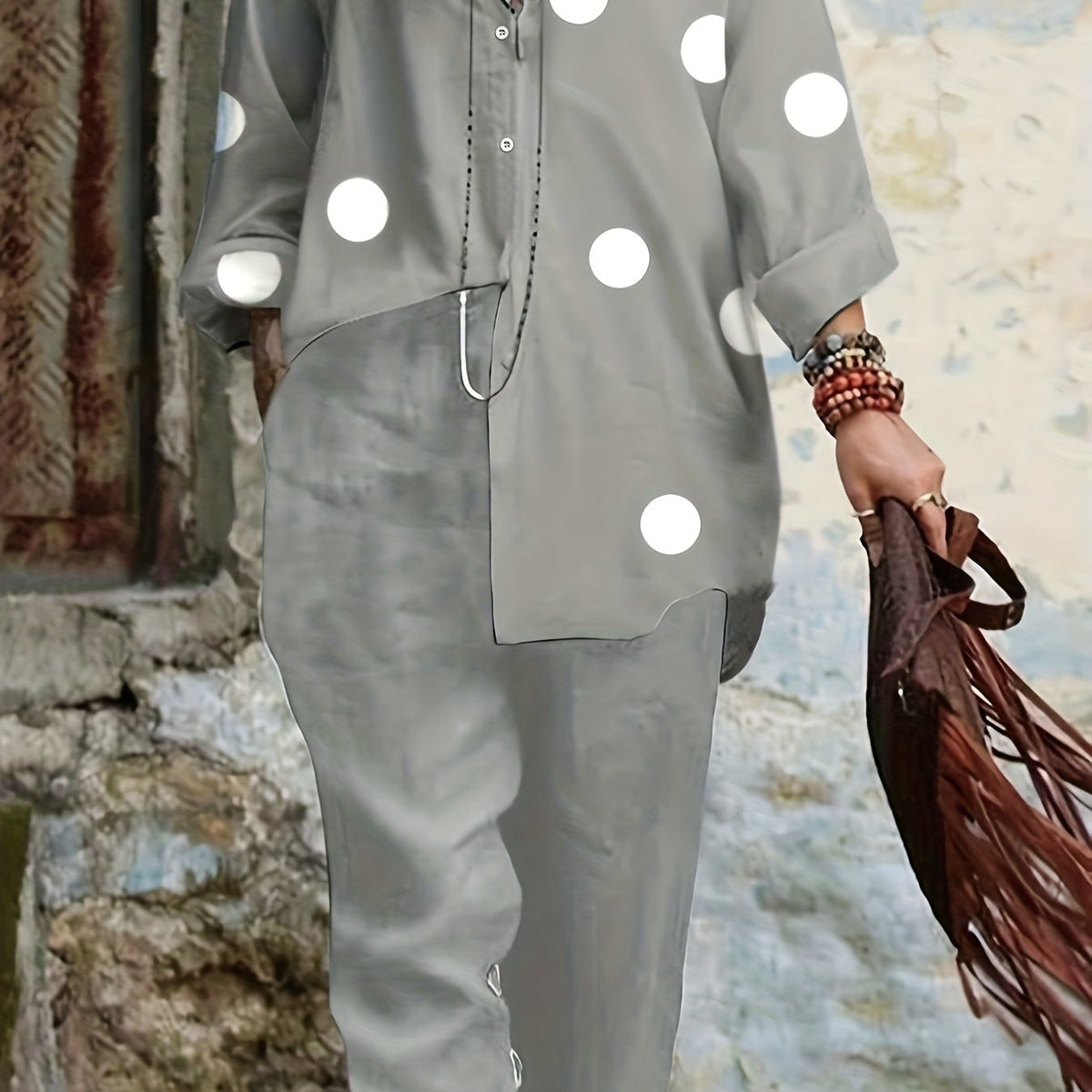 Women's Plus Dot Print Shirt & Roll Up Pants Set