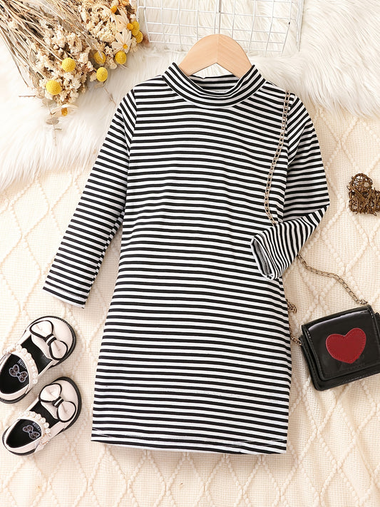 Girls' Long Sleeve Striped Mock Neck Dress