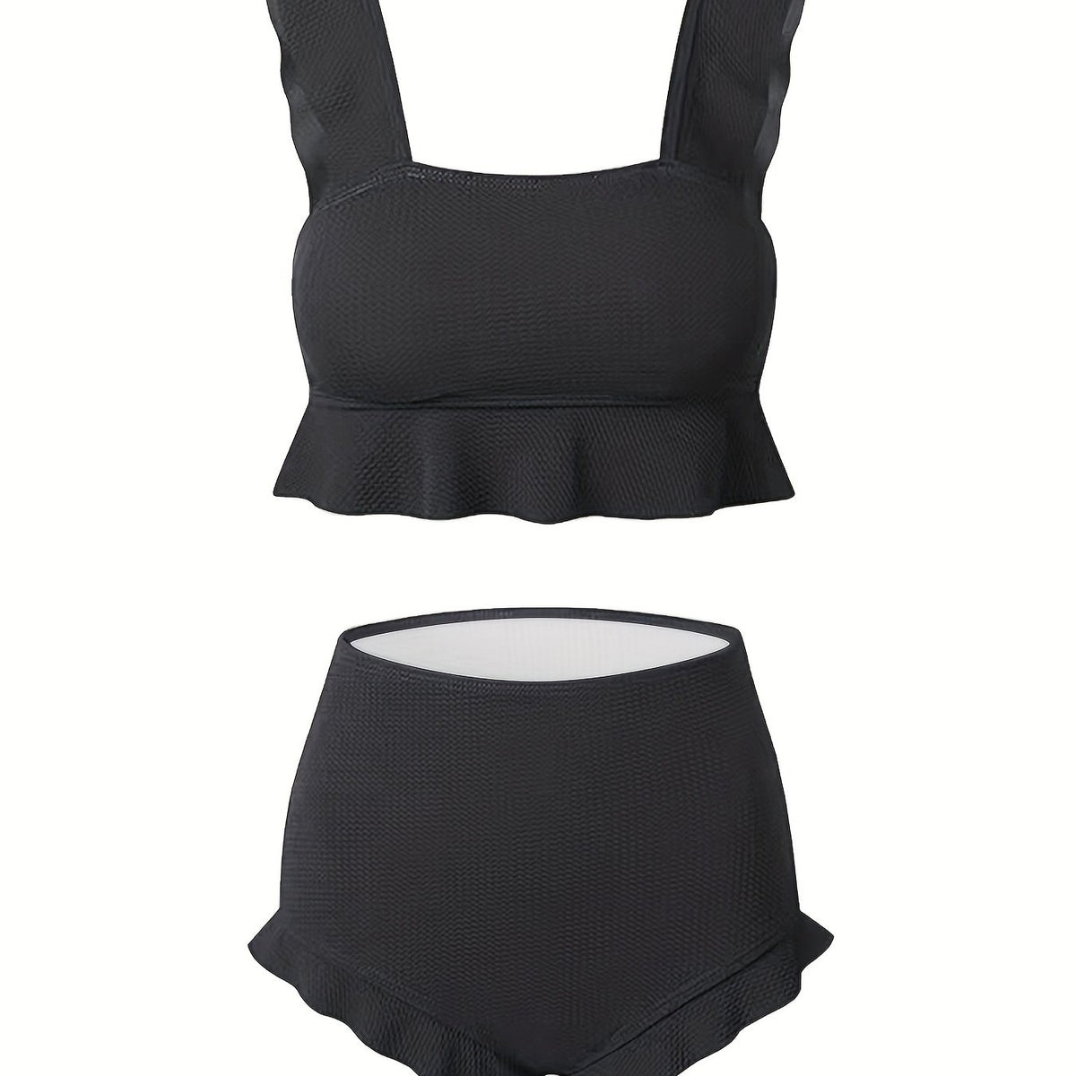 Ruffle Trim High Waist Bikini Solid 2 Piece Swimsuit