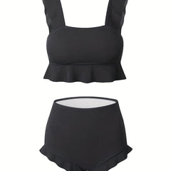 Ruffle Trim High Waist Bikini Solid 2 Piece Swimsuit