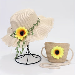 Girls Ruffled Straw Hat & Crossbody Bag Set with Sunflower Decoration