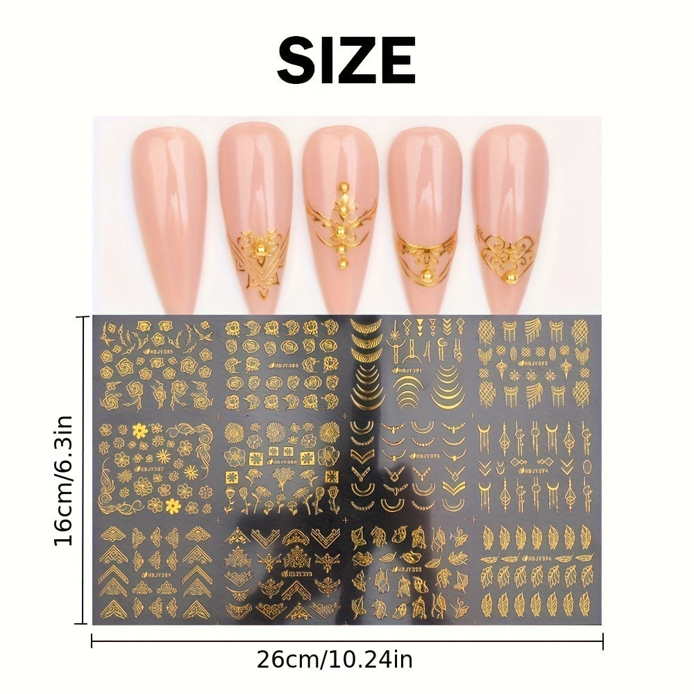 12 Sheets Nail Stickers Bronzing Flower Leaf Lace Geometry Line Nail Art Sliders