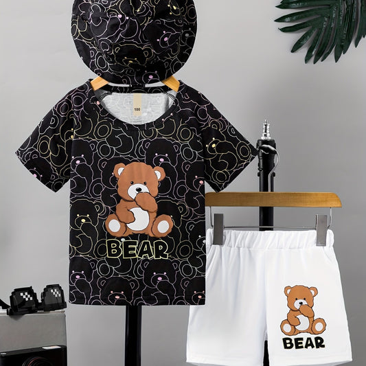 Boys Bear Graphic Print T-shirt Shorts Hat Set