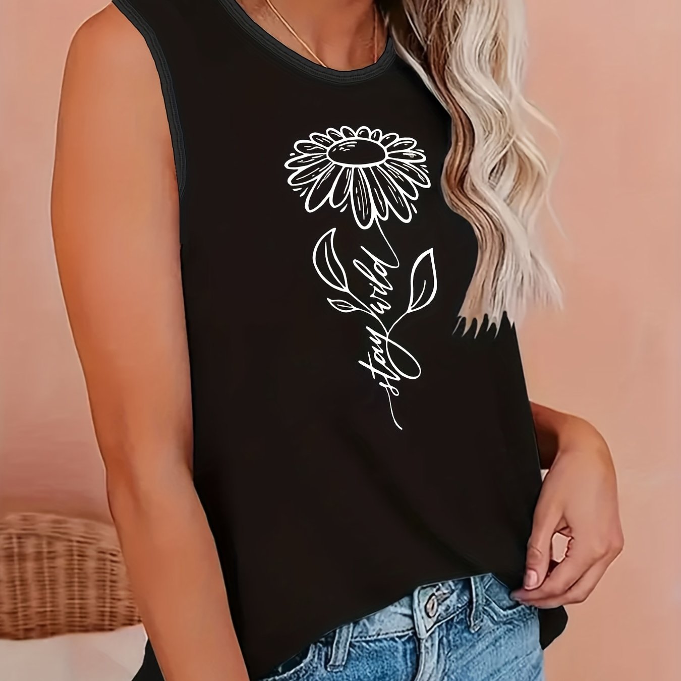 Sunflower Print Tank Top Round Neck Stretch Top