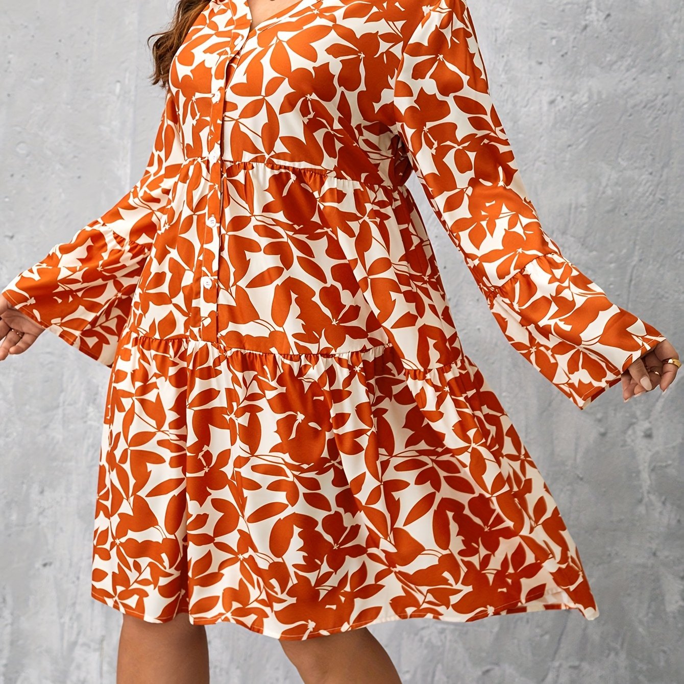  Leaf Print Button Up Long Sleeve V Neck Dress