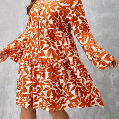  Leaf Print Button Up Long Sleeve V Neck Dress