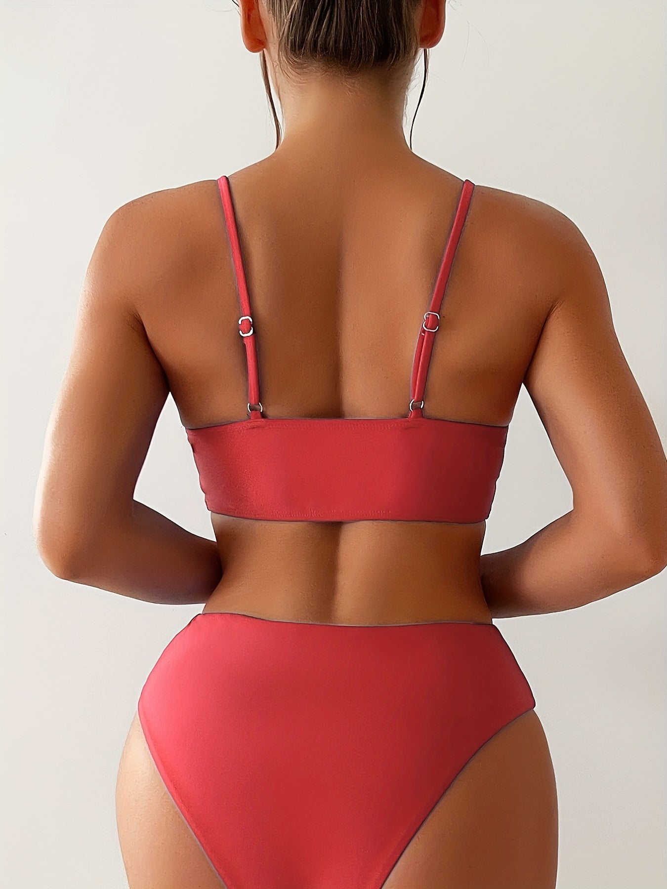 Solid V Neck Bikini Set Spaghetti Straps High Stretch Two Pieces Swimsuit