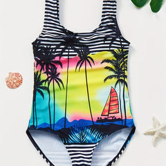 Toddler Girls Striped Coconut Tree Sleeveless Swimsuit