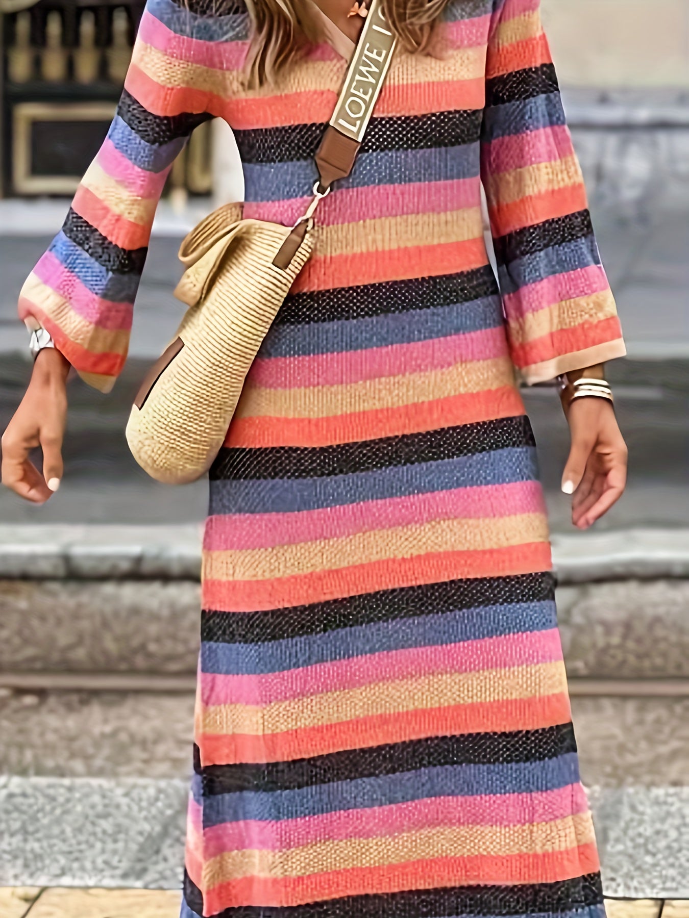 Plus Size Colorblock Stripe Print V Neck Maxi Dress