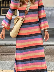 Plus Size Colorblock Stripe Print V Neck Maxi Dress