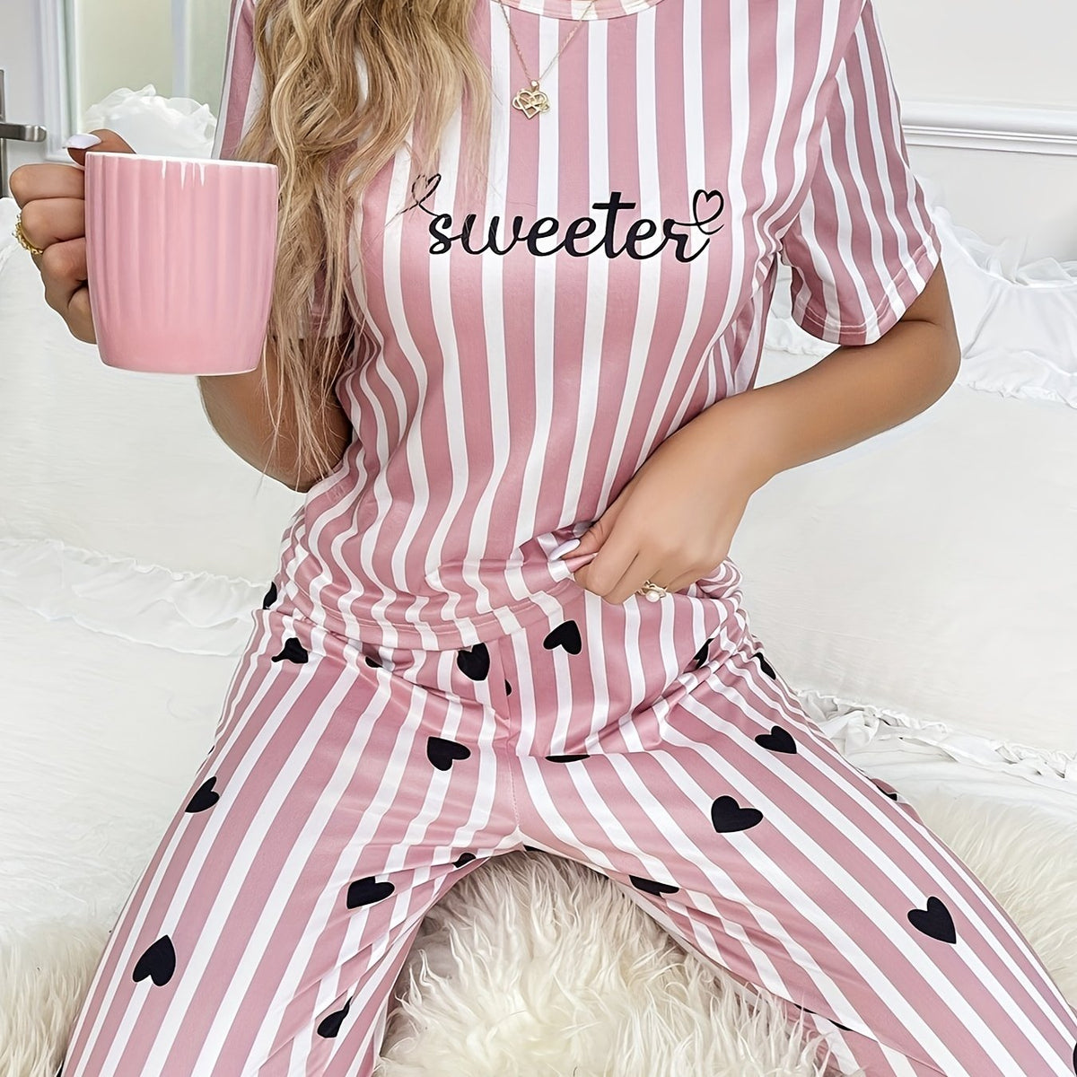 Heart Print Pajama Set Short Sleeve Top & Elastic Waistband Pants