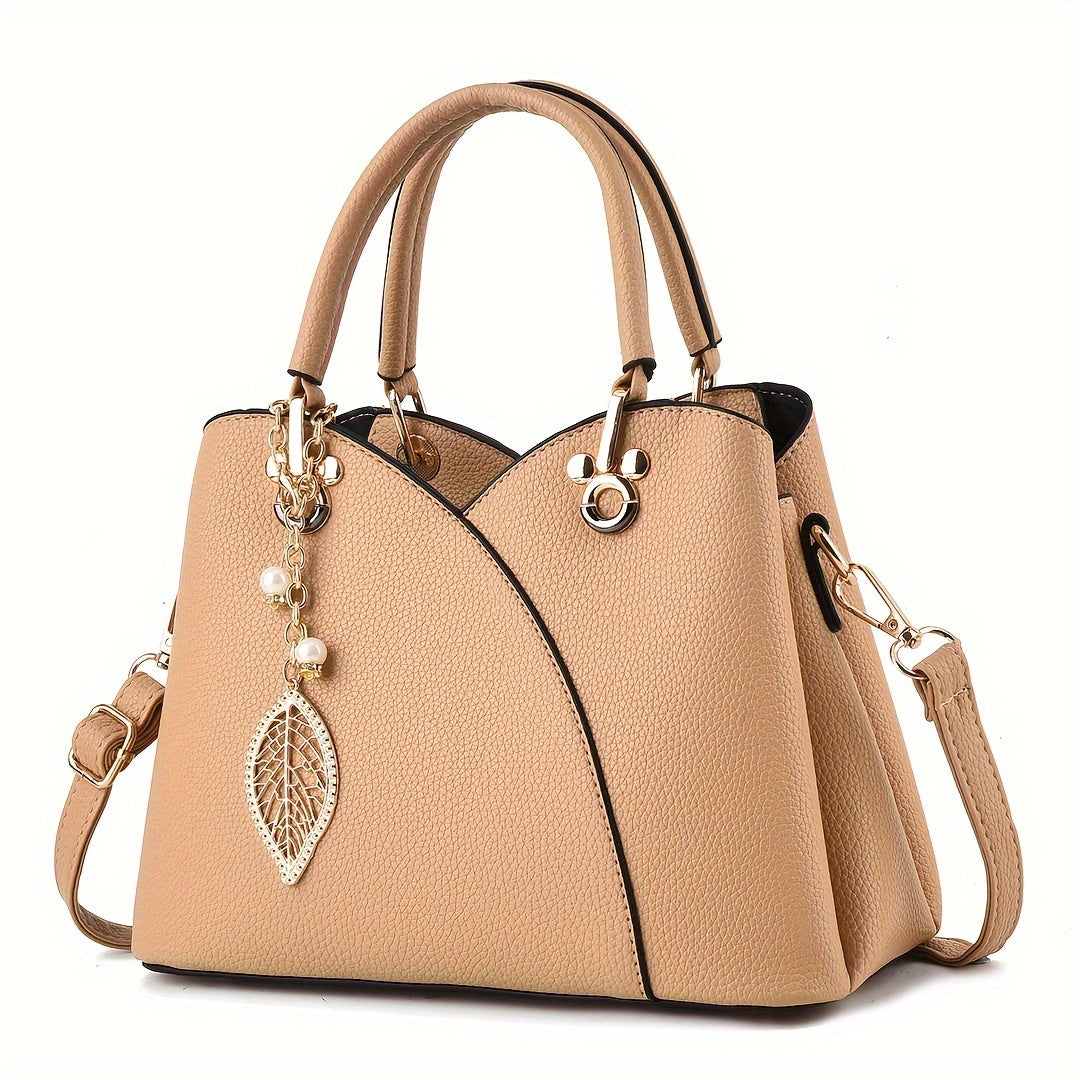 Textured Solid Handbag with Detachable Leaf Pendant