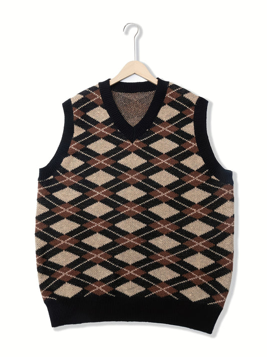 Vintage Style V Neck Diamond Pattern Sweater Vest for Men