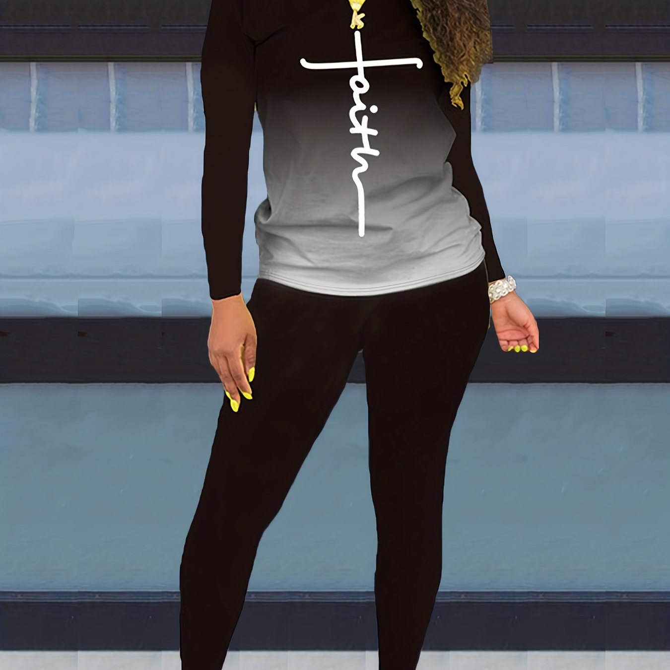 Gradient Faith Print Two Piece Set Workout Outfits