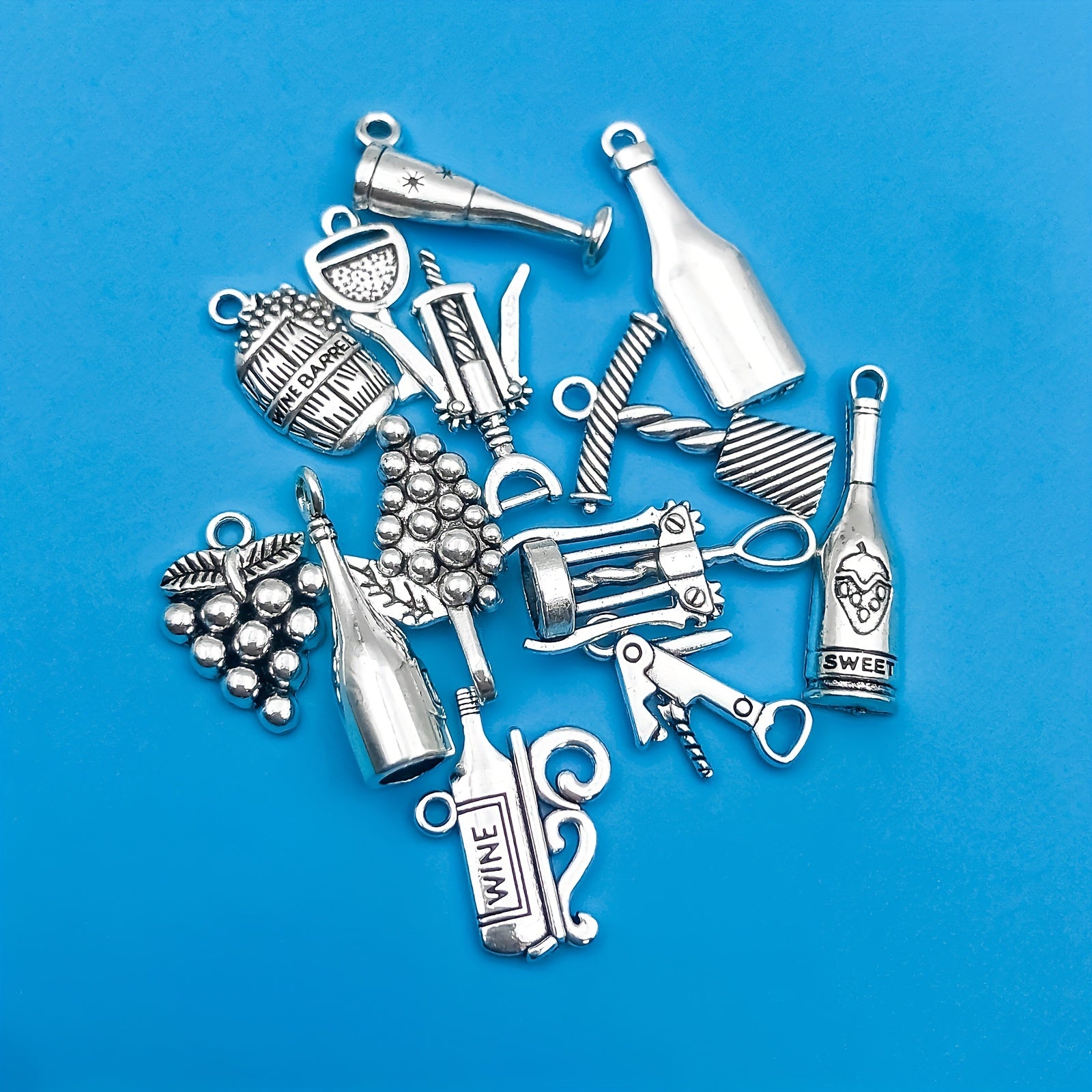 12pcs Antique Silver Red Wine Bottle Pendant Set for DIY Jewelry Making