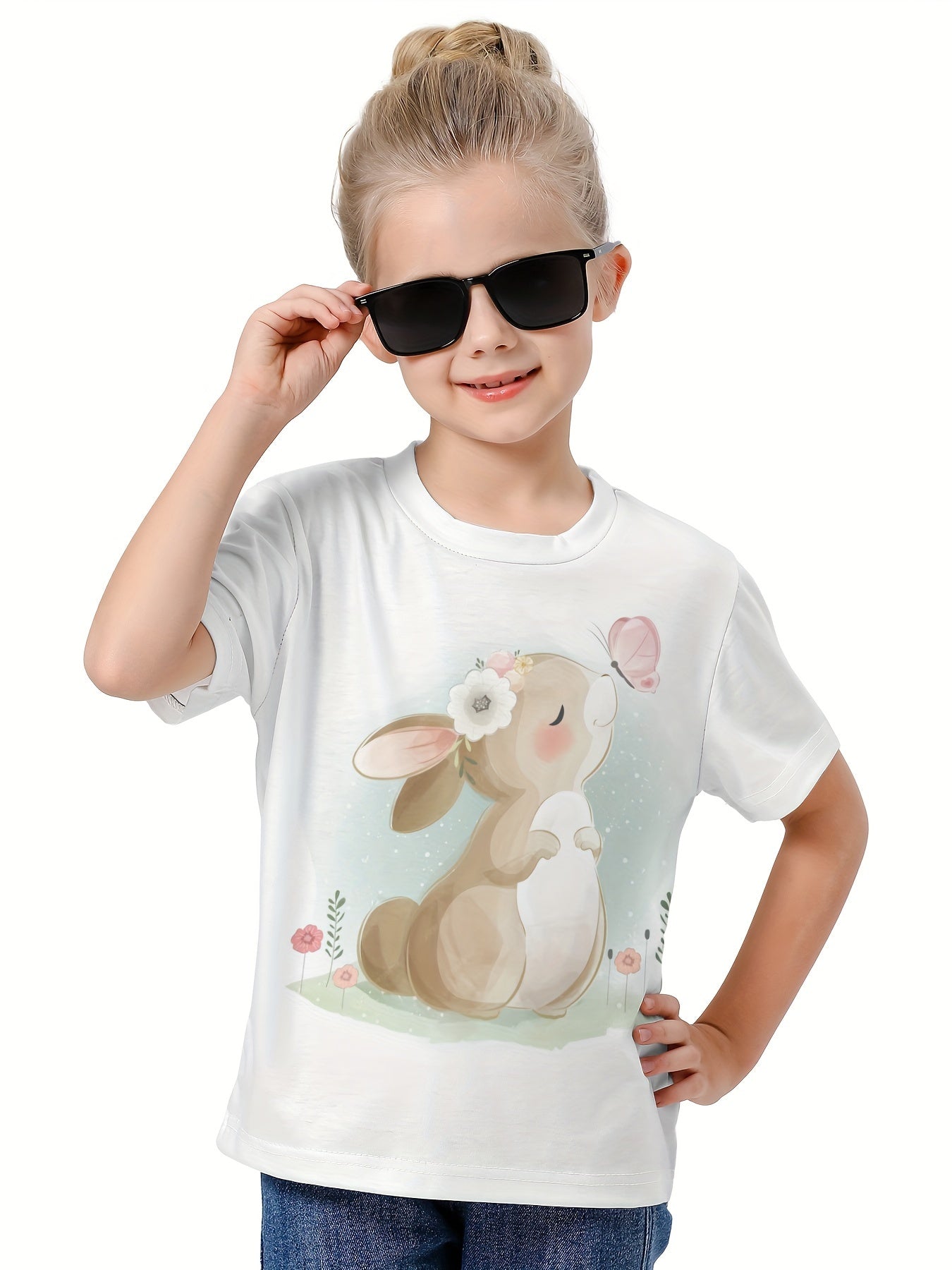 3D Sweet Bunny Graphic Short Sleeve T shirt for Girls Boys