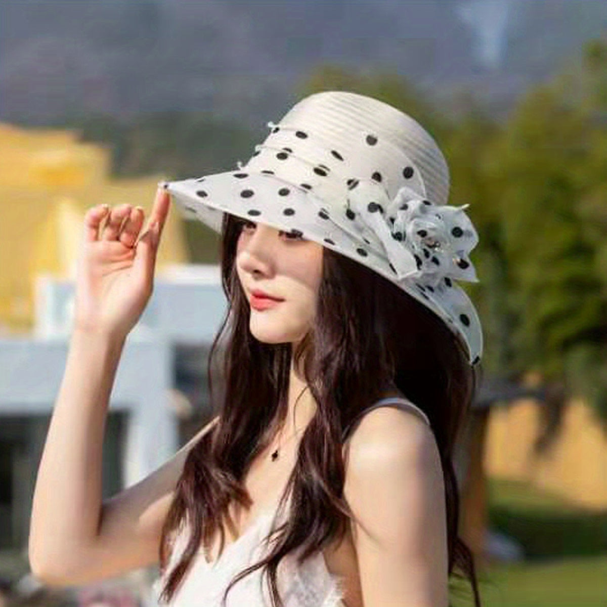 Polka Dot Flower Derby Hat Stitching Sun Hat Lightweight Mesh Bucket Hat