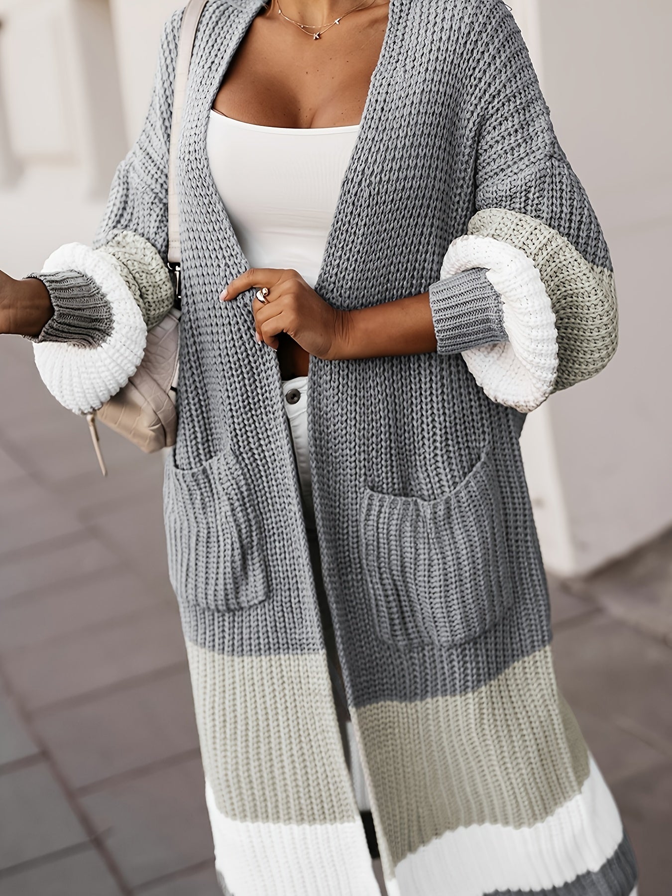 Women's Plus Colorblock Chunky Lantern Sleeve Open Front Longline Knit Cardigan