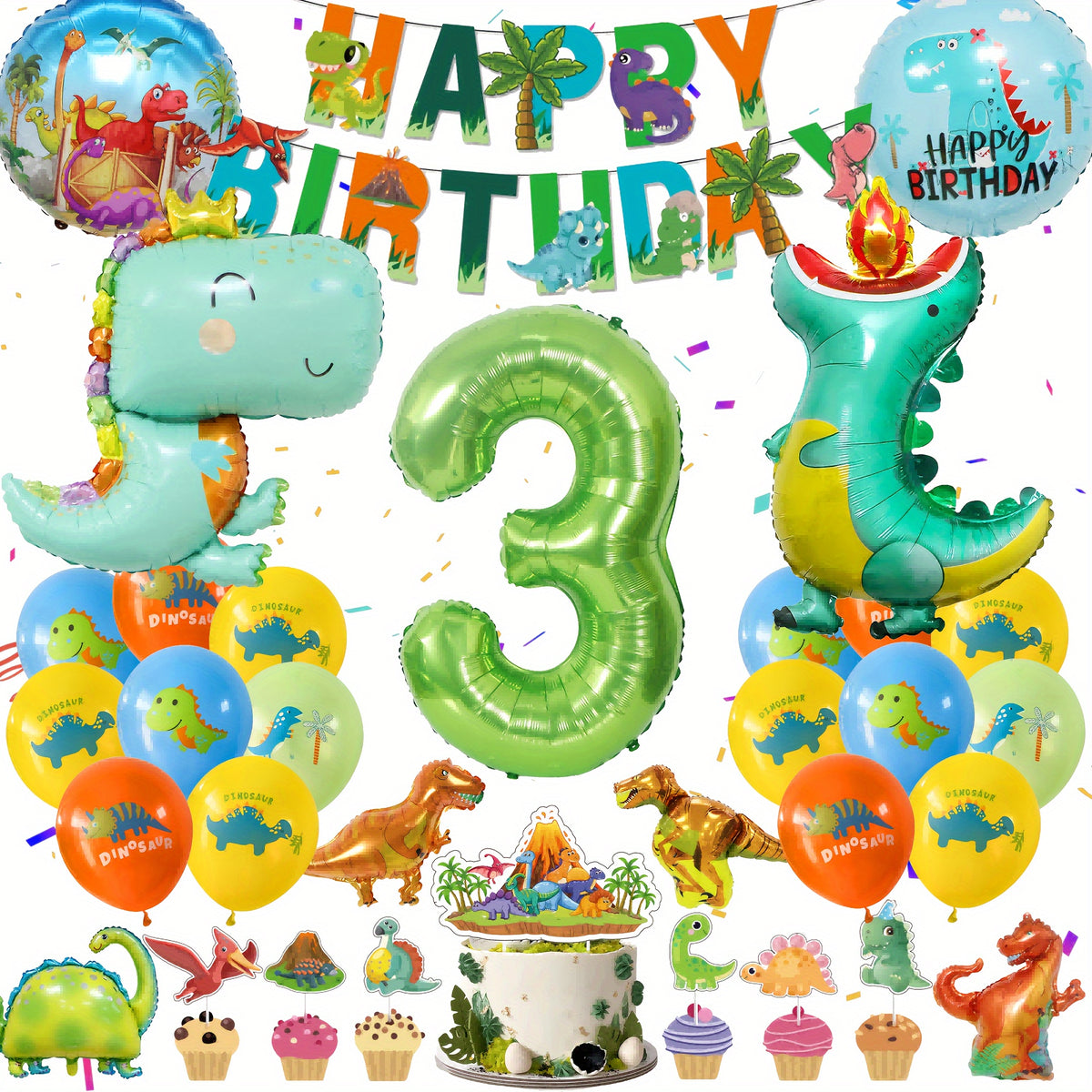 Dinosaur Birthday Decorations Set - Banners, Foil Balloons, Latex Balloons