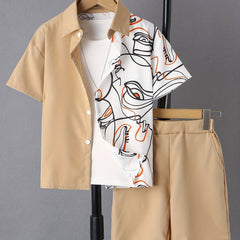 Boys Block Casual Outfit Shirt & Shorts Kids Summer Clothes Sets