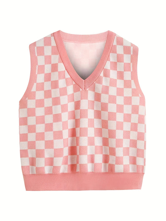 Checkerboard Sleeveless Knitted Vest for Summer Party