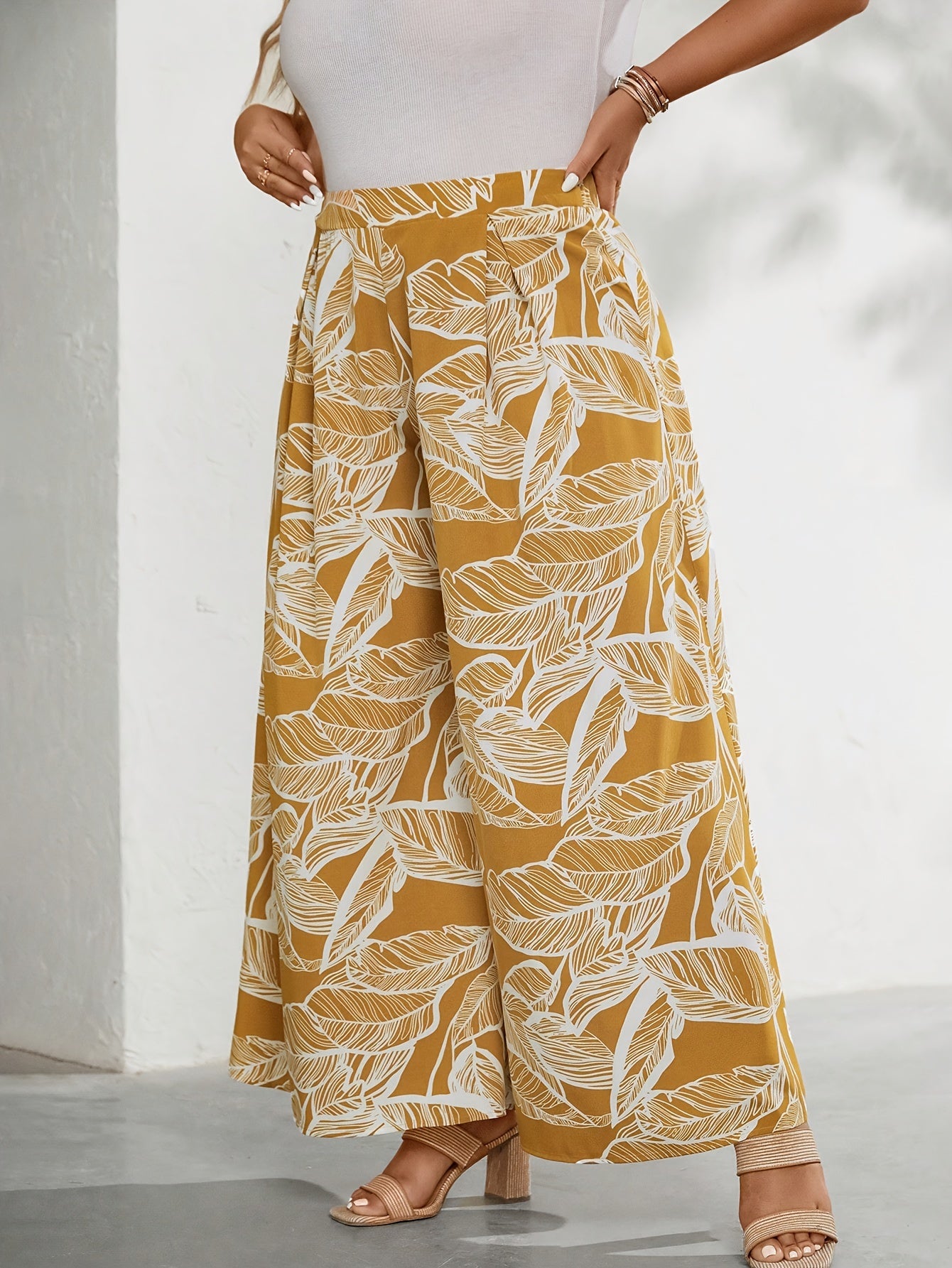  Tropical Print High Rise Wide Leg Trousers