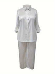  Button Up Blouse & Pants 2 Piece Set
