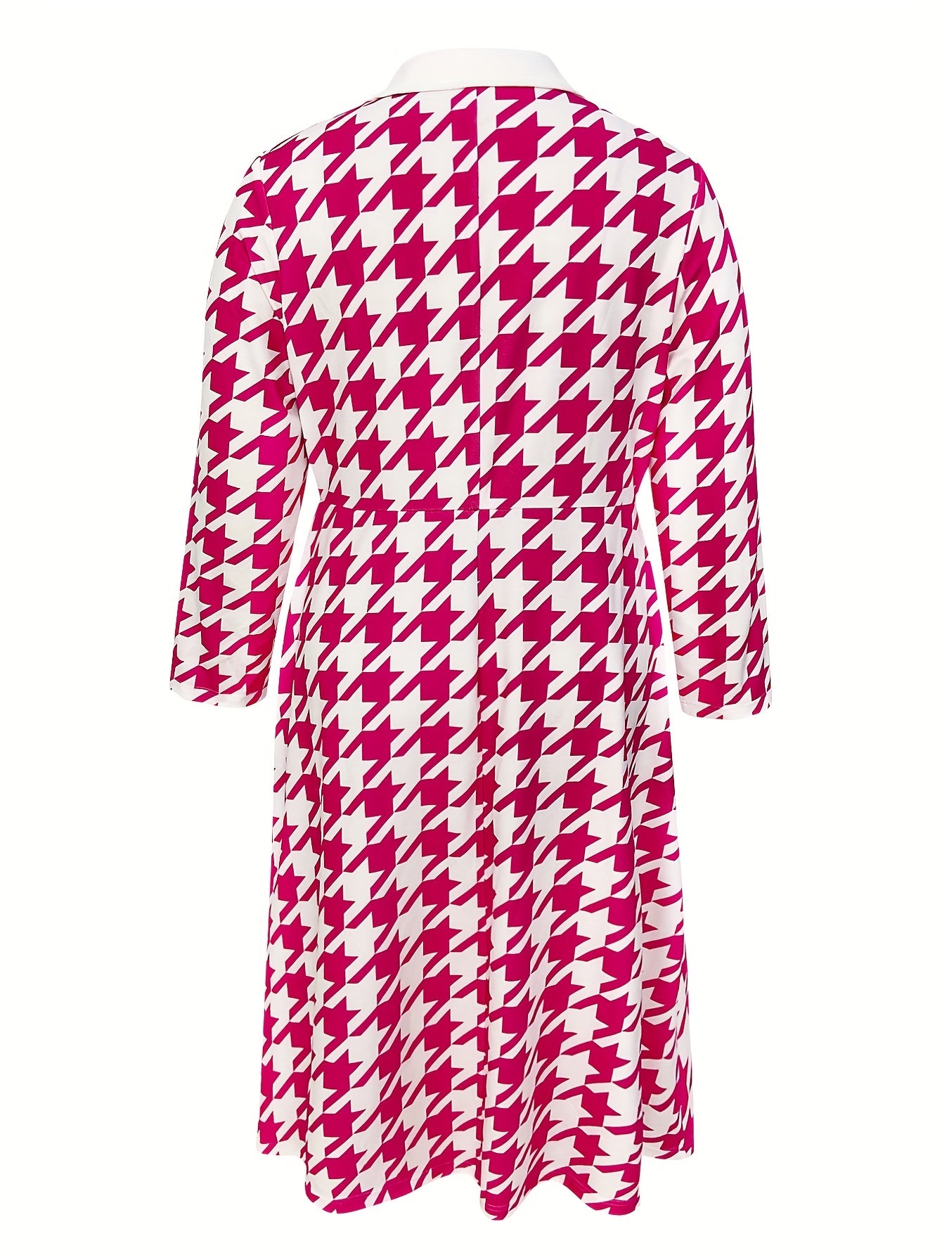  Colorblock Houndstooth Print Button Up Long Sleeve Shirt Dress