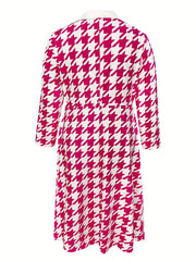  Colorblock Houndstooth Print Button Up Long Sleeve Shirt Dress