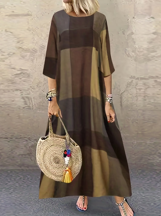  Colorblock Grid Print Half Sleeve Maxi Dress