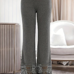  Solid Contrast Lace Flare Leg Stretch Pants
