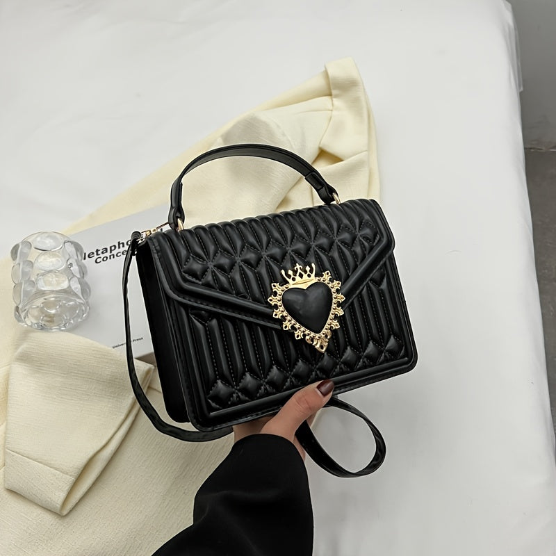 Y2K Heart Decor Quilted Crossbody Bag Small Top Handle Flap Purse