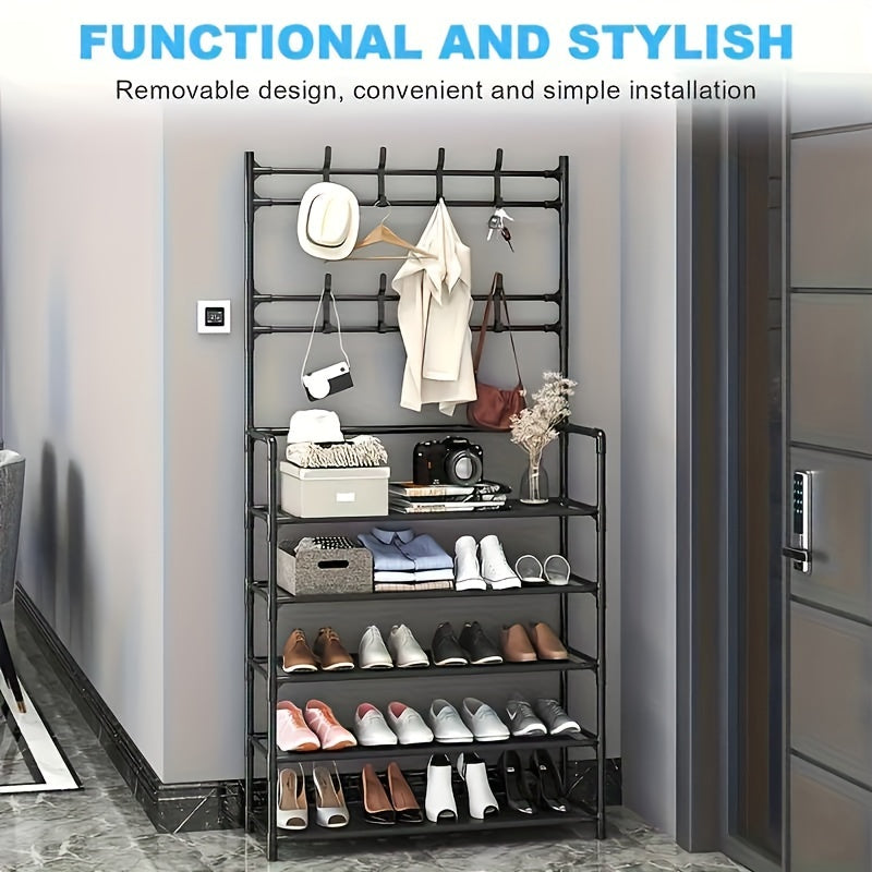 Shoe Storage Rack With Clothes Shelf Hanging Stand Hooks