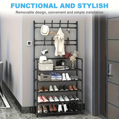 Shoe Storage Rack With Clothes Shelf Hanging Stand Hooks