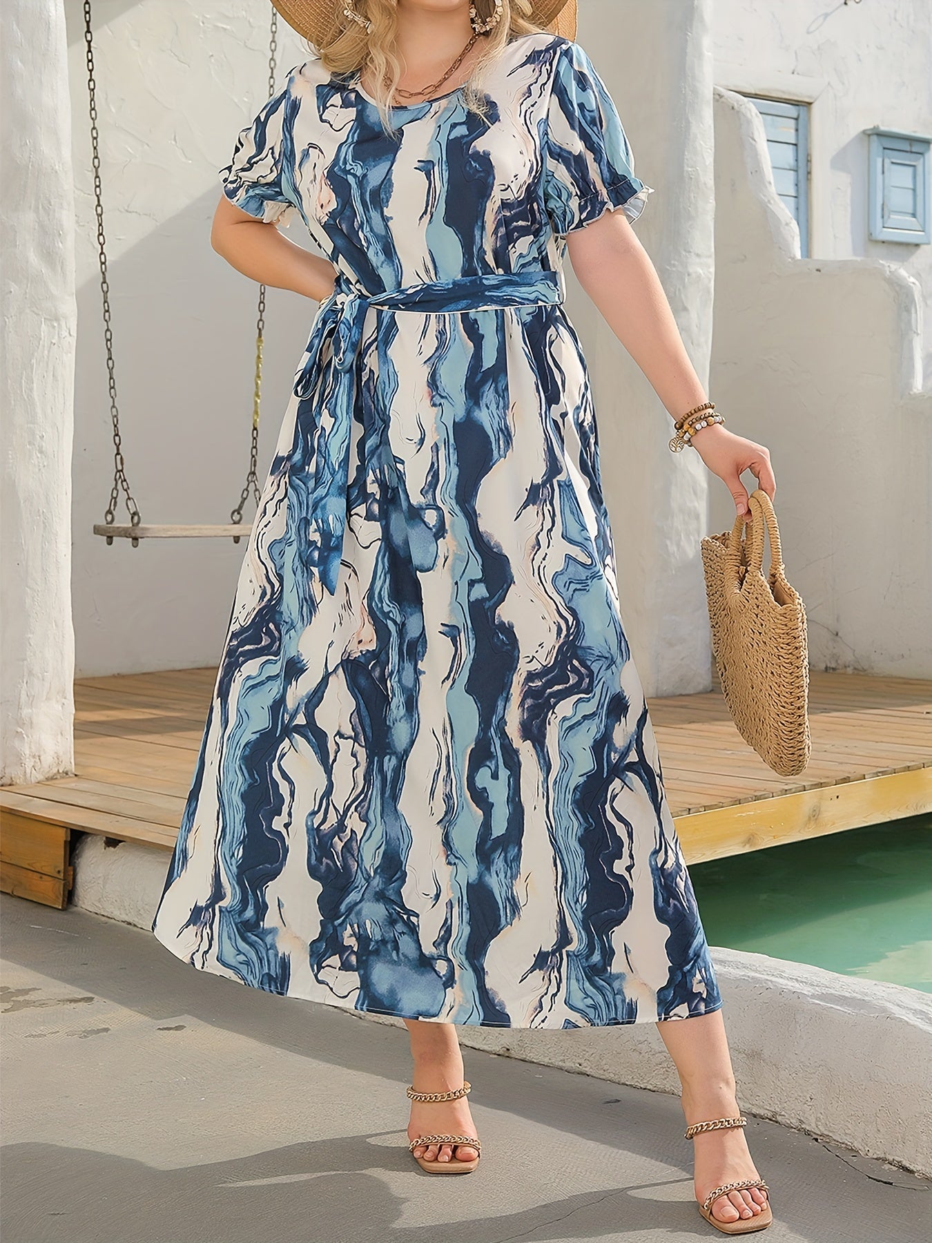  Marble Print Maxi Dress with Belt