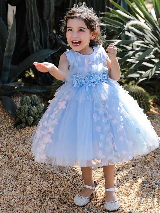 Girls Butterfly Decor Sleeveless Mesh Princess Dress