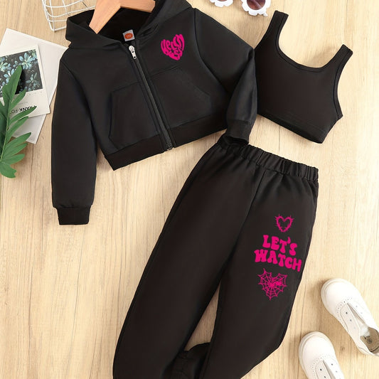 Girl's LET'S WATCH Print 3pcs Hoodie Set Heart Pattern Outfits
