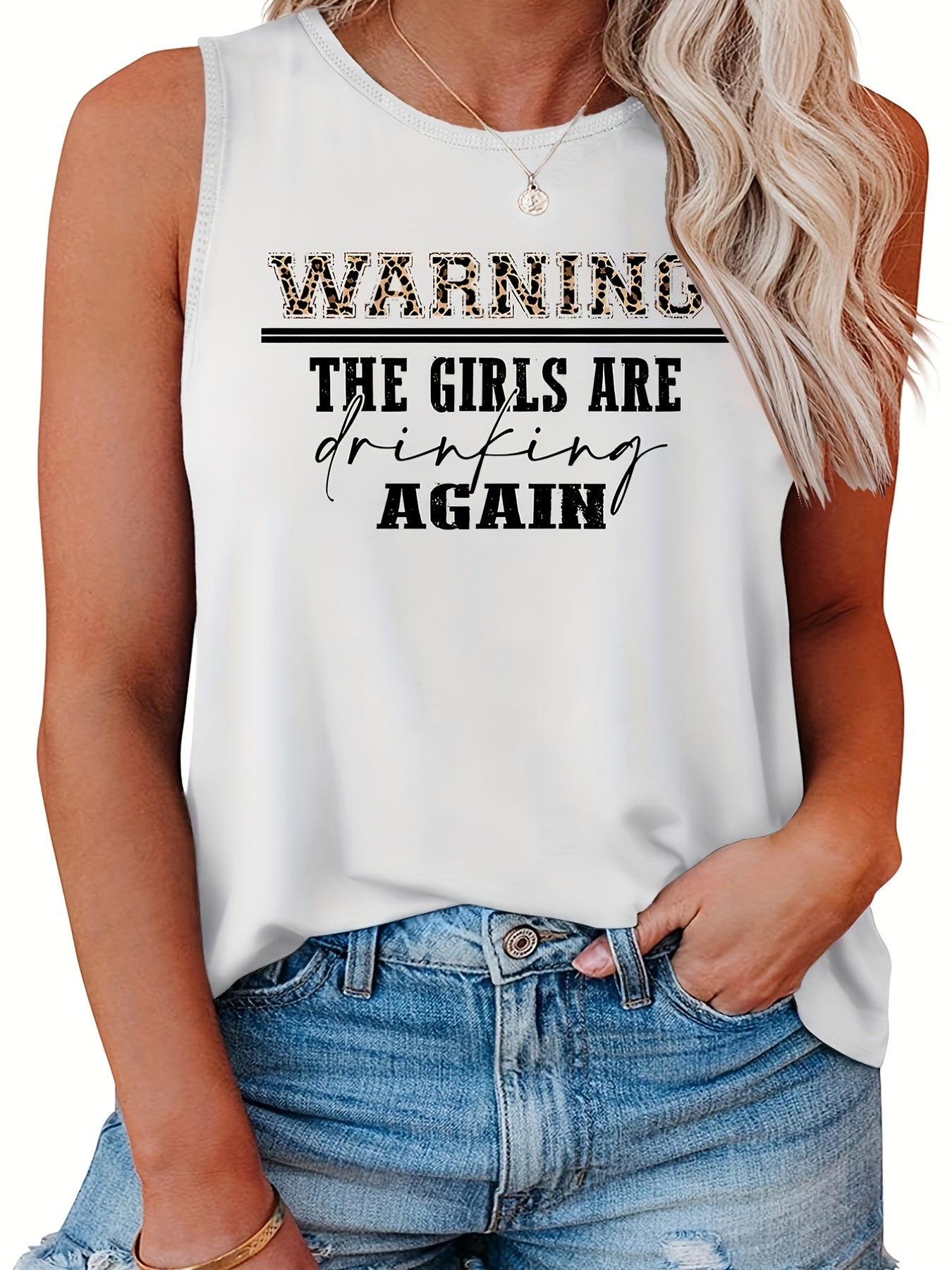 Plus Size Casual Tank Top Women's Plus Slogan Print Round Neck