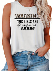 Plus Size Casual Tank Top Women's Plus Slogan Print Round Neck