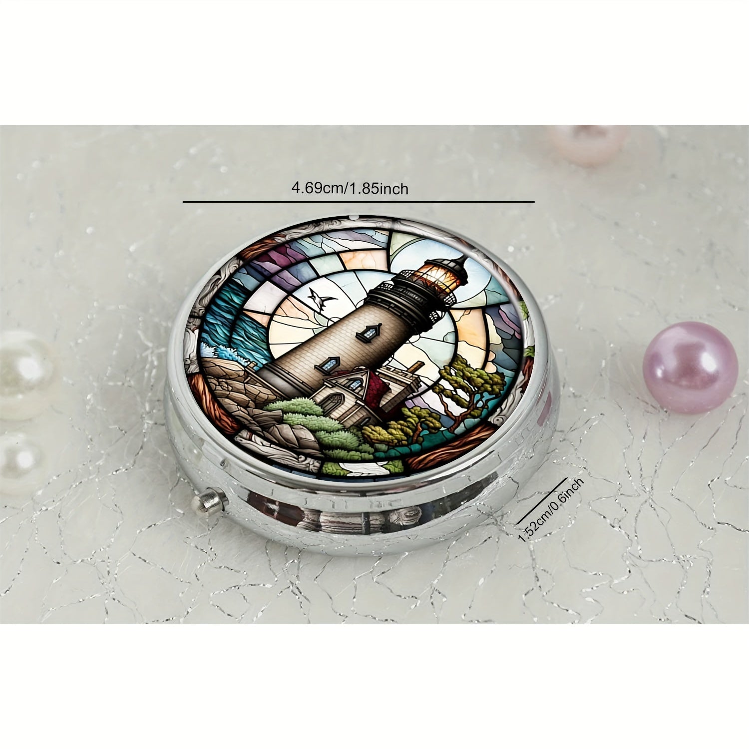 Lighthouse Round Pill Box 3 Compartment Mini Decorative Travel Pill Case