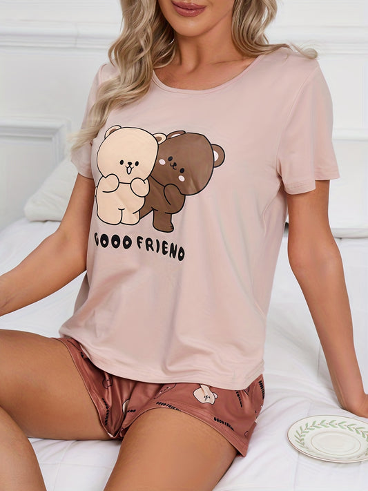 Bear Print Lounge Set Short Sleeve Top & Elastic Shorts
